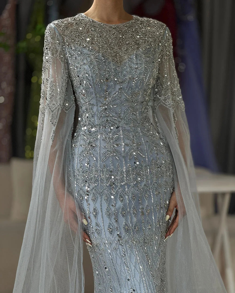 Dubai Caramel Elegant Cape Sleeve Luxury Beaded Evening Gown LA72775 - SERENE HILL