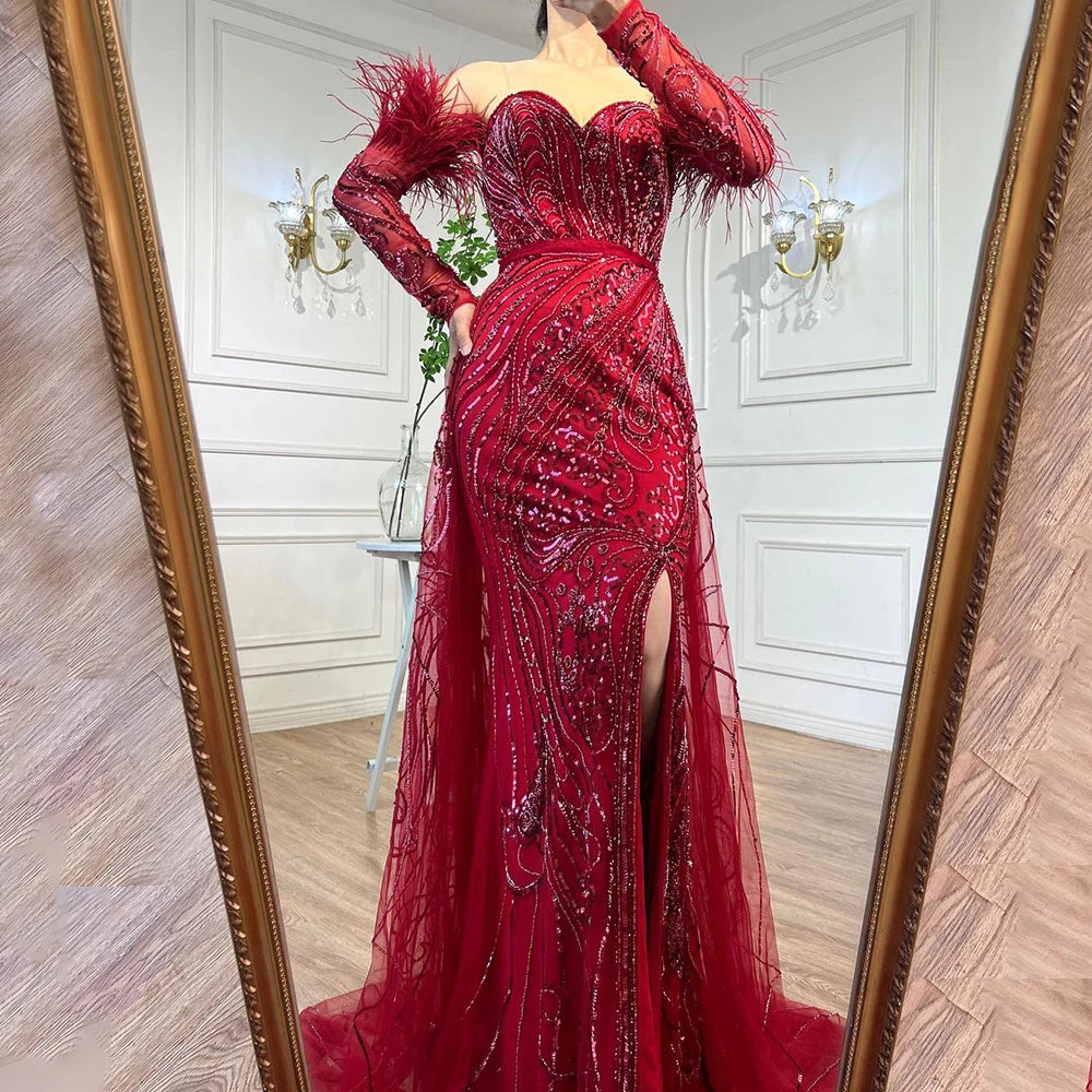 Luxury Arabic Nude Mermaid High Split Feather Beaded Evening Dress LA71910 - SERENE HILL