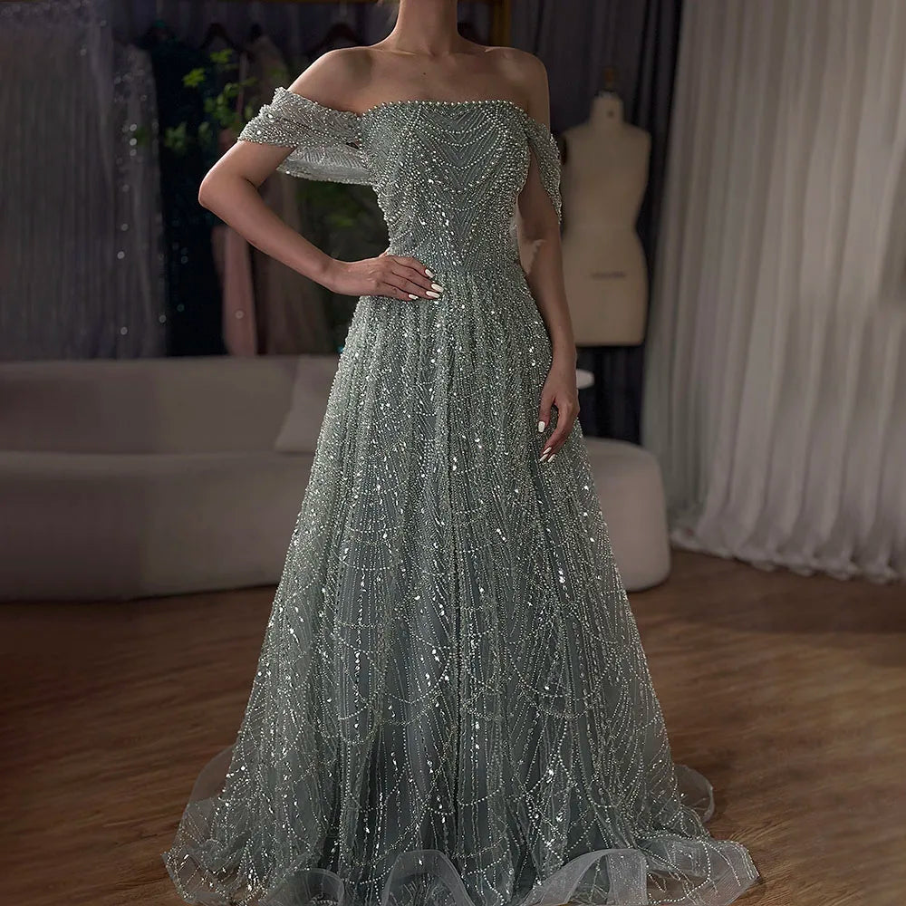 Luxury Beaded Champagne Off-Shoulder Evening Dress LA72738 - SERENE HILL