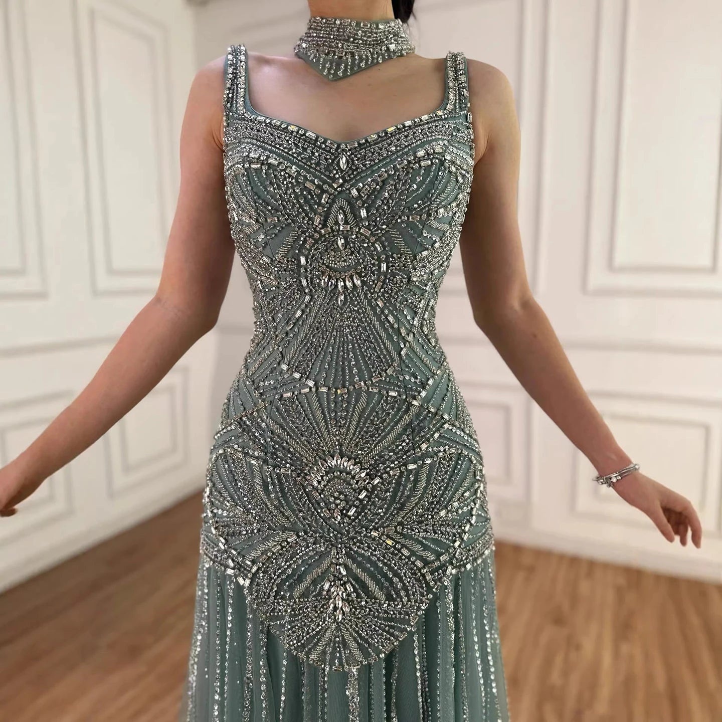 Luxury Turquoise Arabic Mermaid Beaded Evening Dress LA73189B - SERENE HILL