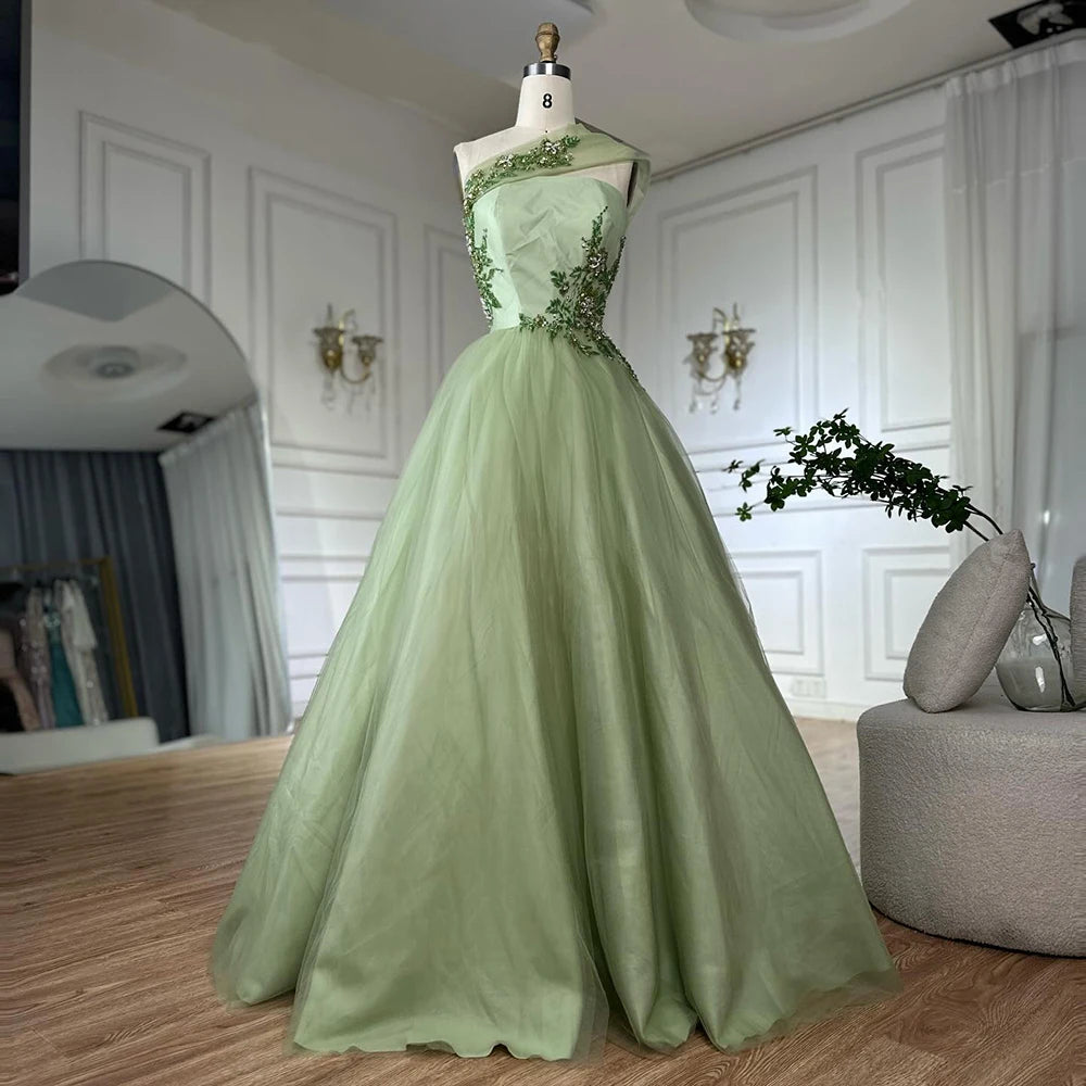 Luxury Dubai Sage Green Elegant One-Shoulder A-Line Appliques Long Arabic Evening Gown for Formal Occasion LA72783 - SERENE HILL