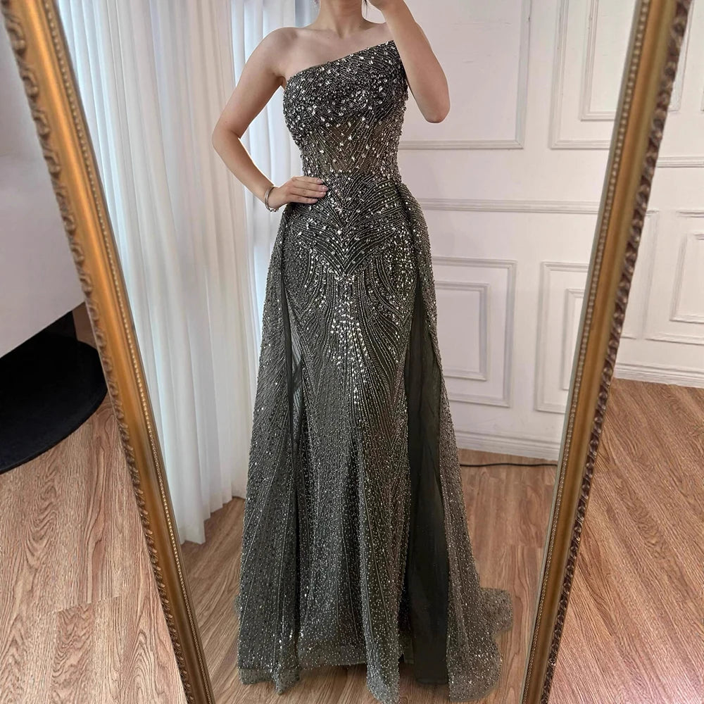 olive green beaded dress Olive Green Sheath Satin Beaded Long Prom Dresses Olive / 18 main image 0