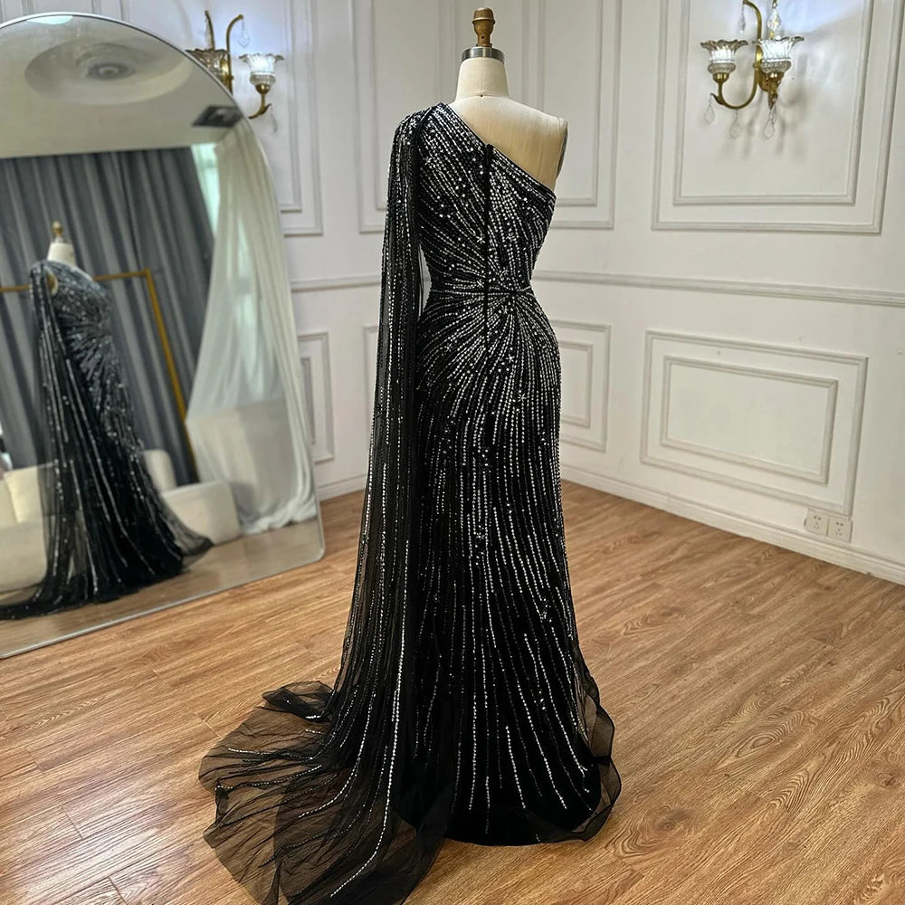Luxury Black One Shoulder Mermaid Evening Dress with High Slit LA72829 - SERENE HILL