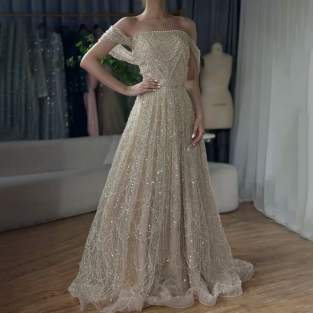 Luxury Beaded Champagne Off-Shoulder Evening Dress LA72738 - SERENE HILL