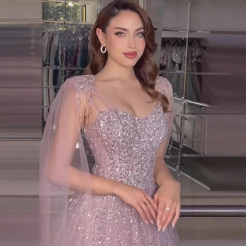 Luxury Pink Tulle Beaded A-Line Evening Dress with Cape Sleeves LA73072 - SERENE HILL