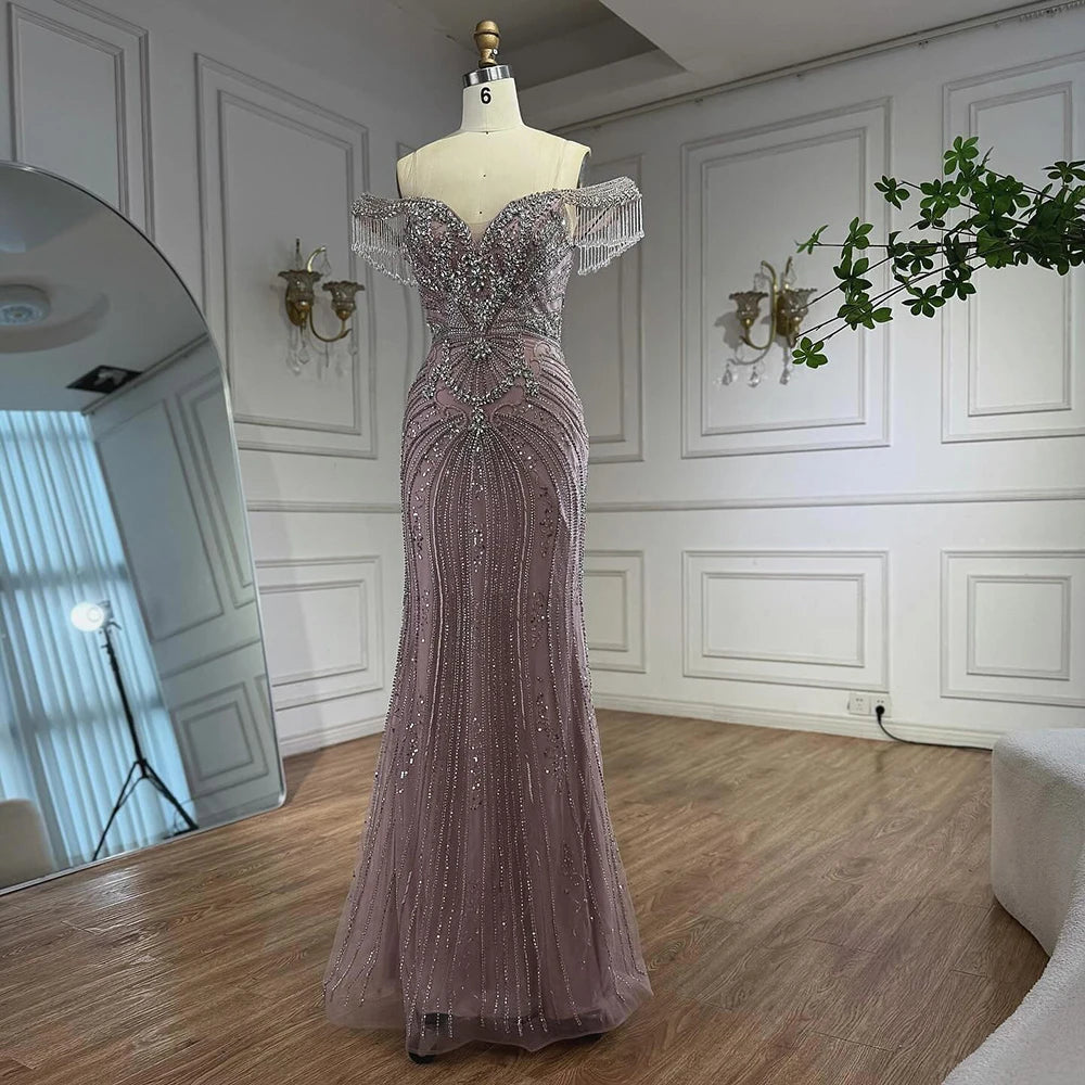 Luxury Pink Crystal Tassel Off Shoulder Evening Dress Dubai LA73204 - SERENE HILL