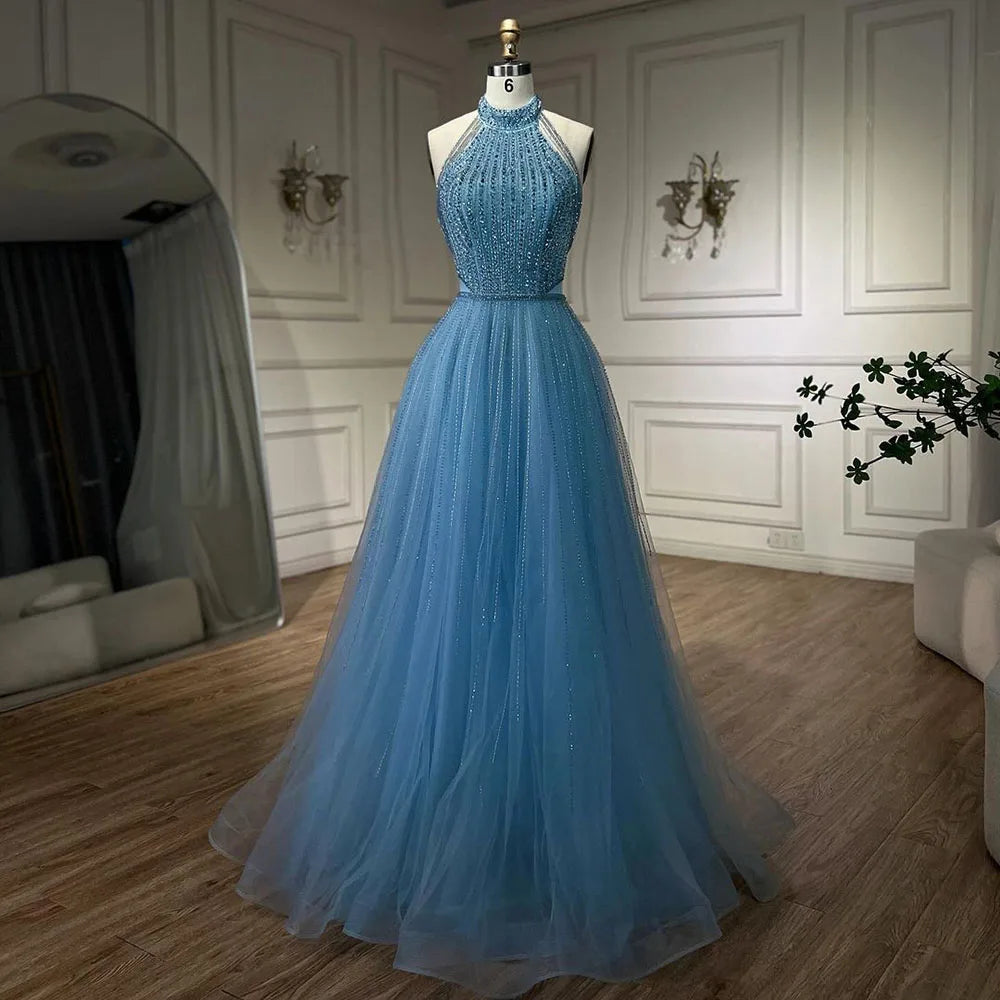 Luxury Arabic Blue Sequin Tassel Halter A Line Evening Dress LA72227 - SERENE HILL