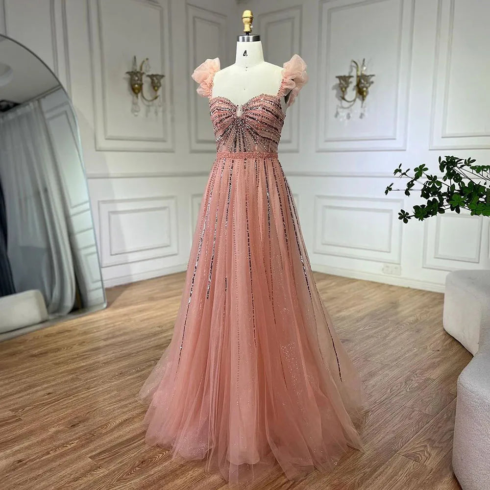 Serene Hill Arabic Elegant Peach Beaded A-Line Evening Gown 2025 Boat Neck Luxury Dress for Women Long Party Dress LA72324 - SERENE HILL