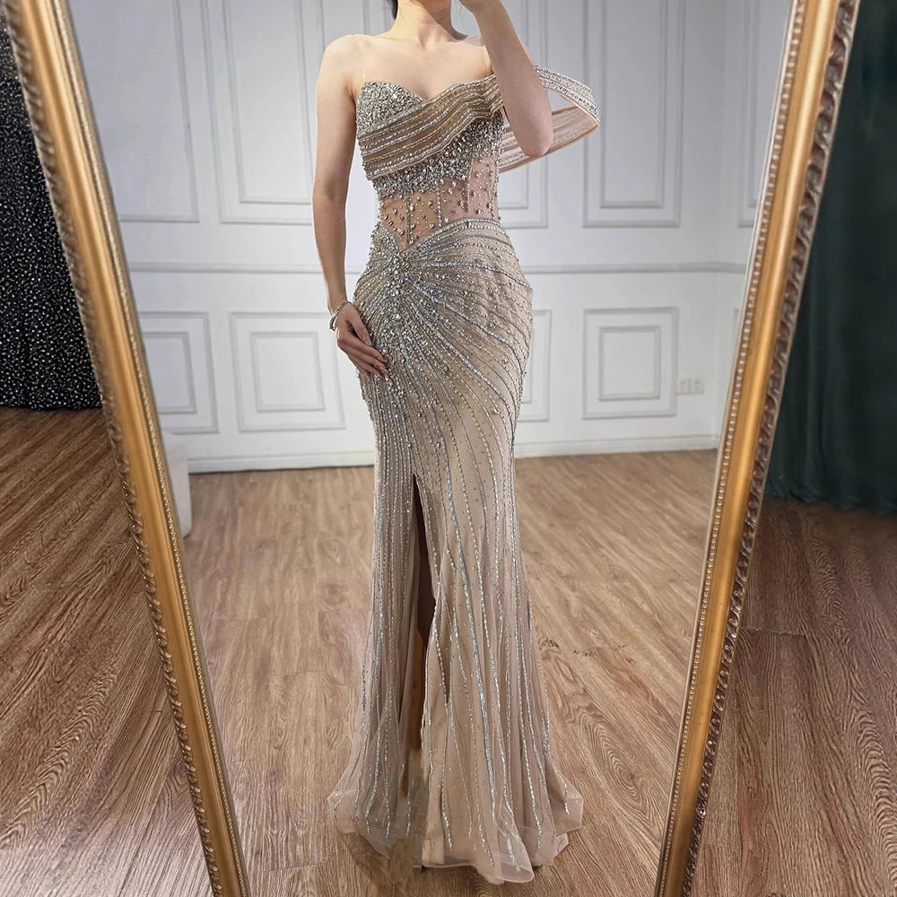 Luxury Pink Crystal One Shoulder Beaded Evening Dress Split LA73197 - SERENE HILL