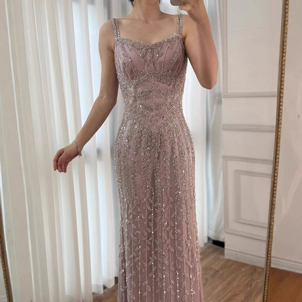 Luxury Arabic Blue Spaghetti Strap Mermaid Evening Dress Beaded LA72725 - SERENE HILL