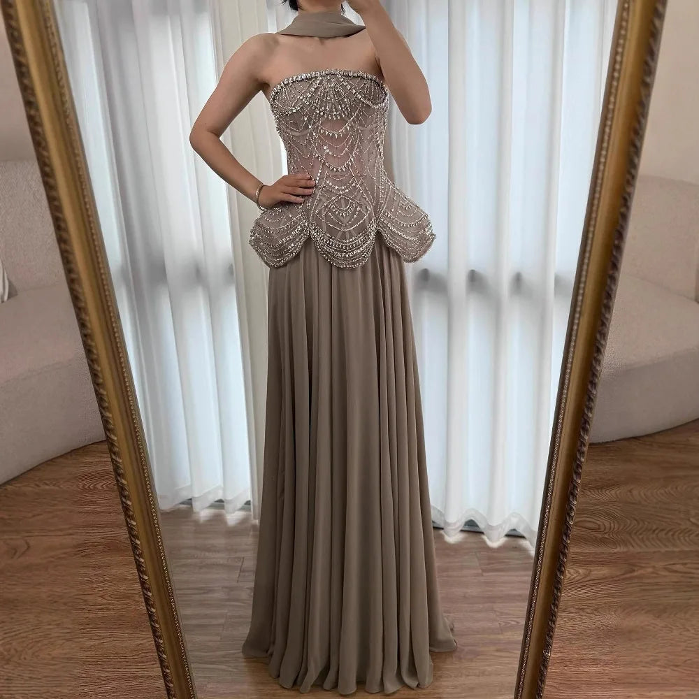 Luxury Designer Nude Beaded Chiffon Evening Dress LA72915 - SERENE HILL