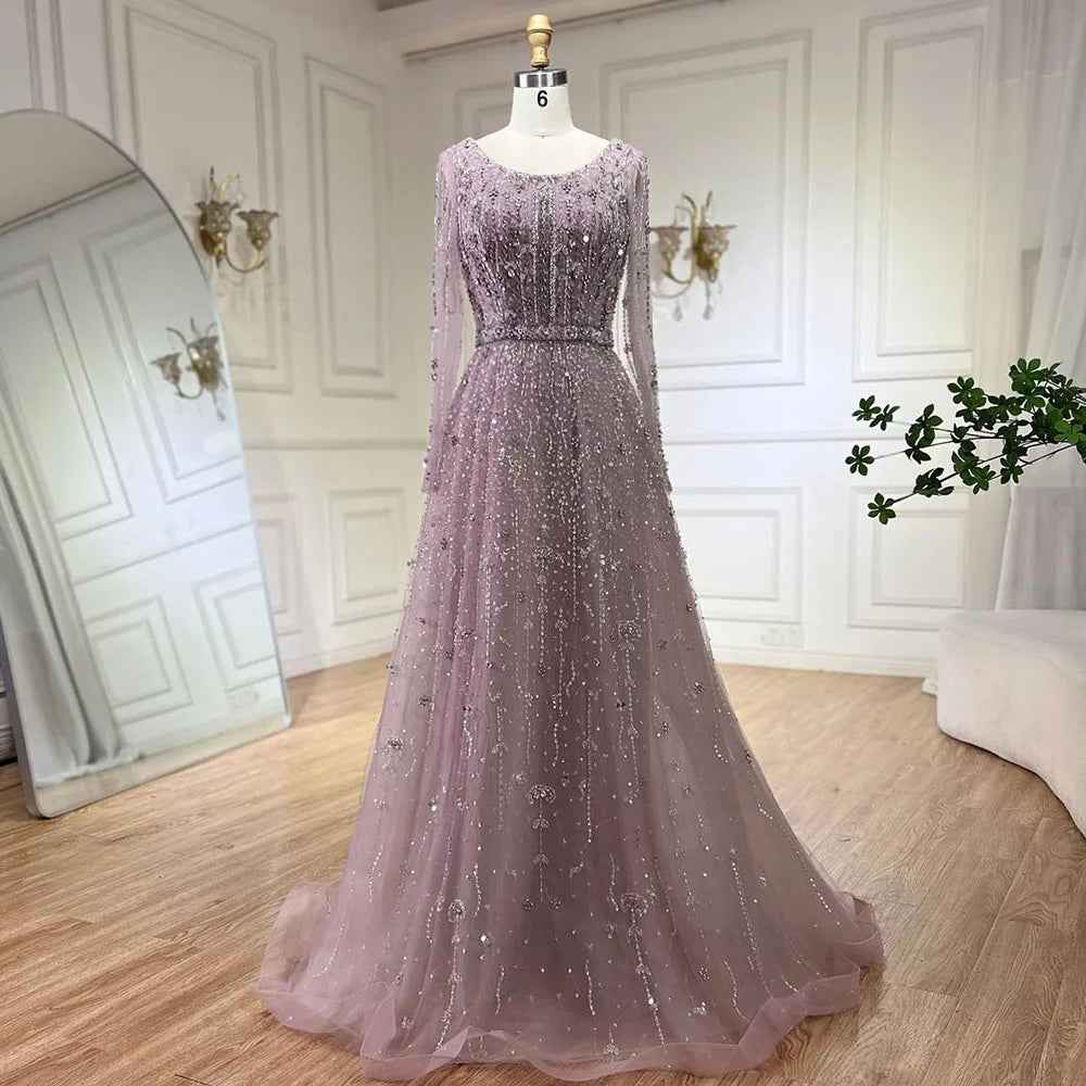 Dubai Designer Luxury Nude A-Line Beaded Evening Dress LA72088 - SERENE HILL