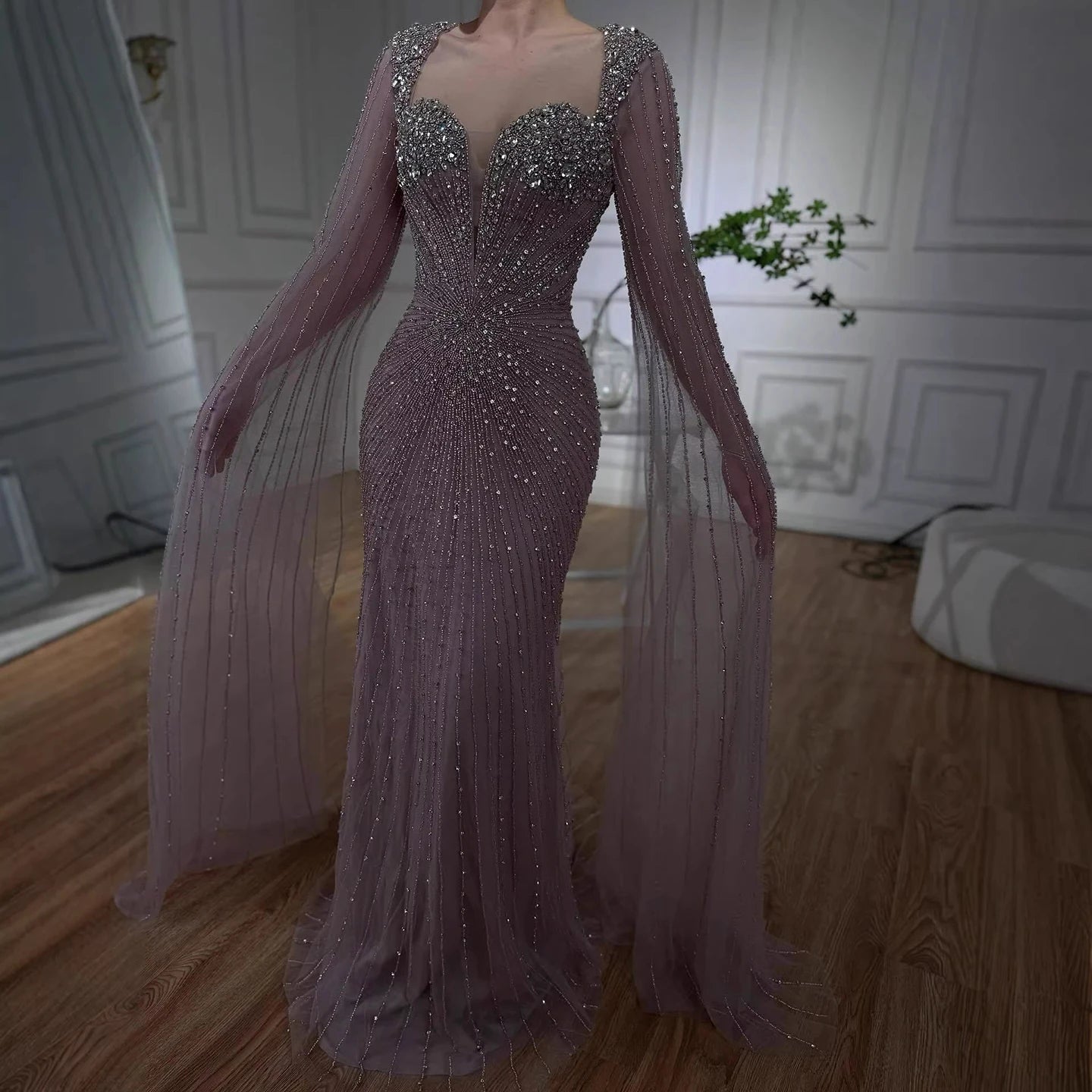 Luxury Caramel Crystal Beaded Mermaid Evening Dress with Cape LA72575D - SERENE HILL