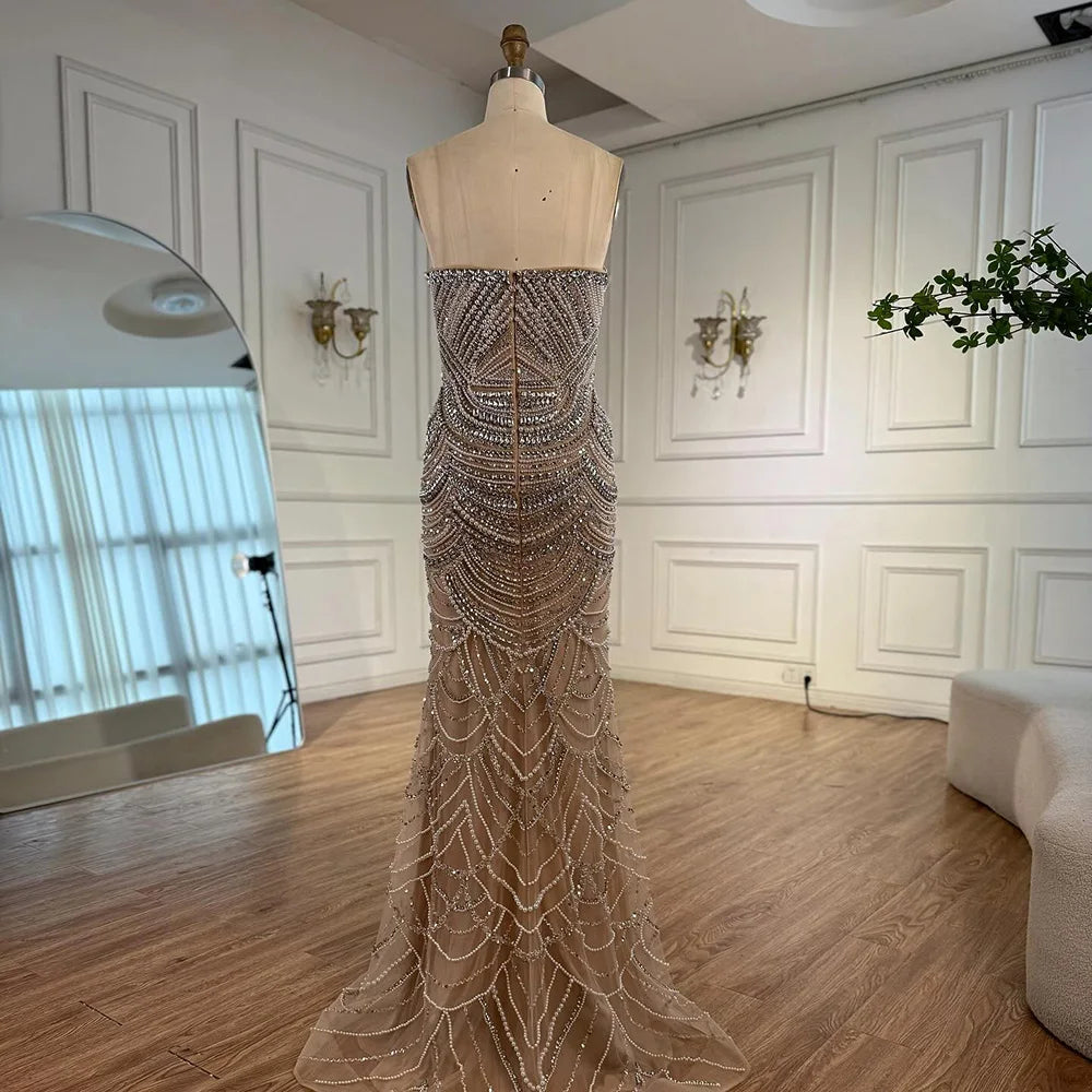 Luxury Nude Silver Beaded Evening Gown with Crystals LA72900 - SERENE HILL