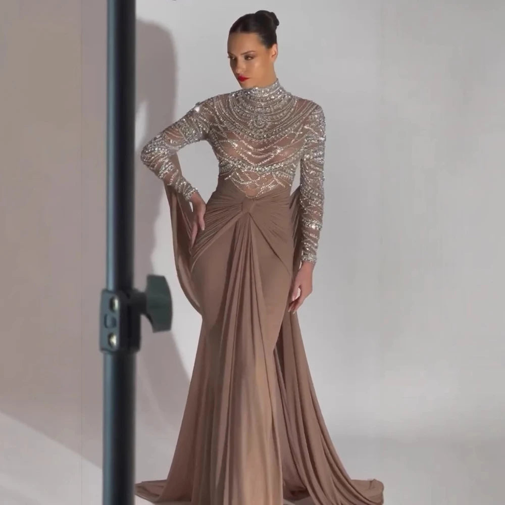 Luxury Designer Modest Brown Stretch Material Mermaid Evening Dress LA72993 - SERENE HILL