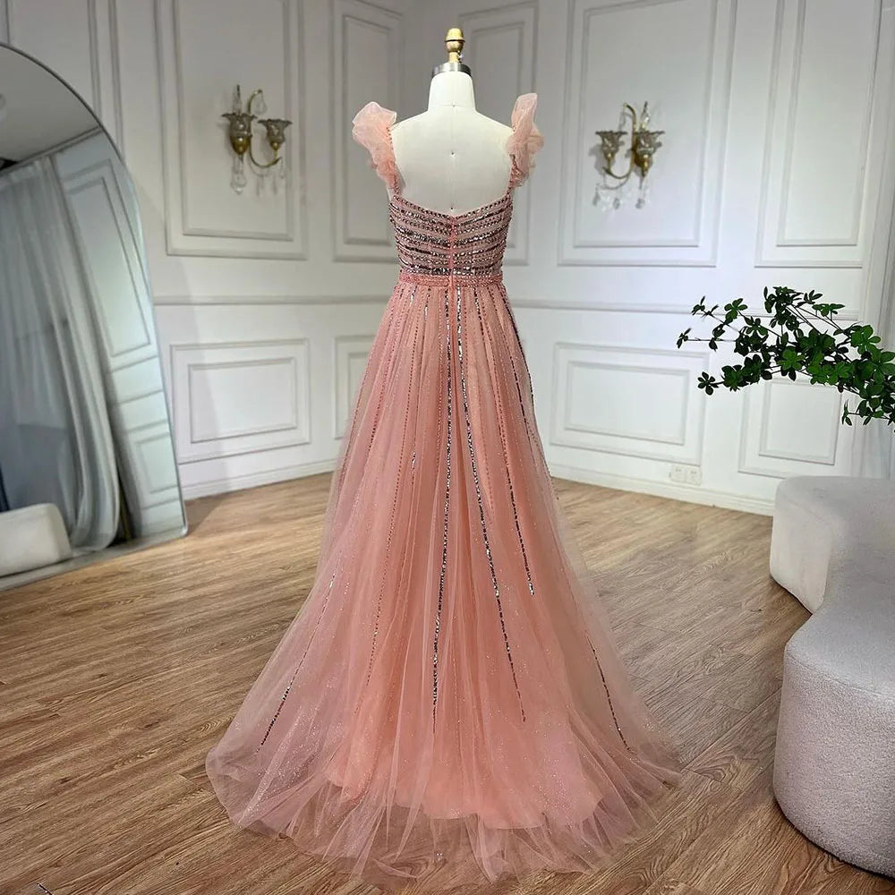 Serene Hill Arabic Elegant Peach Beaded A-Line Evening Gown 2025 Boat Neck Luxury Dress for Women Long Party Dress LA72324 - SERENE HILL