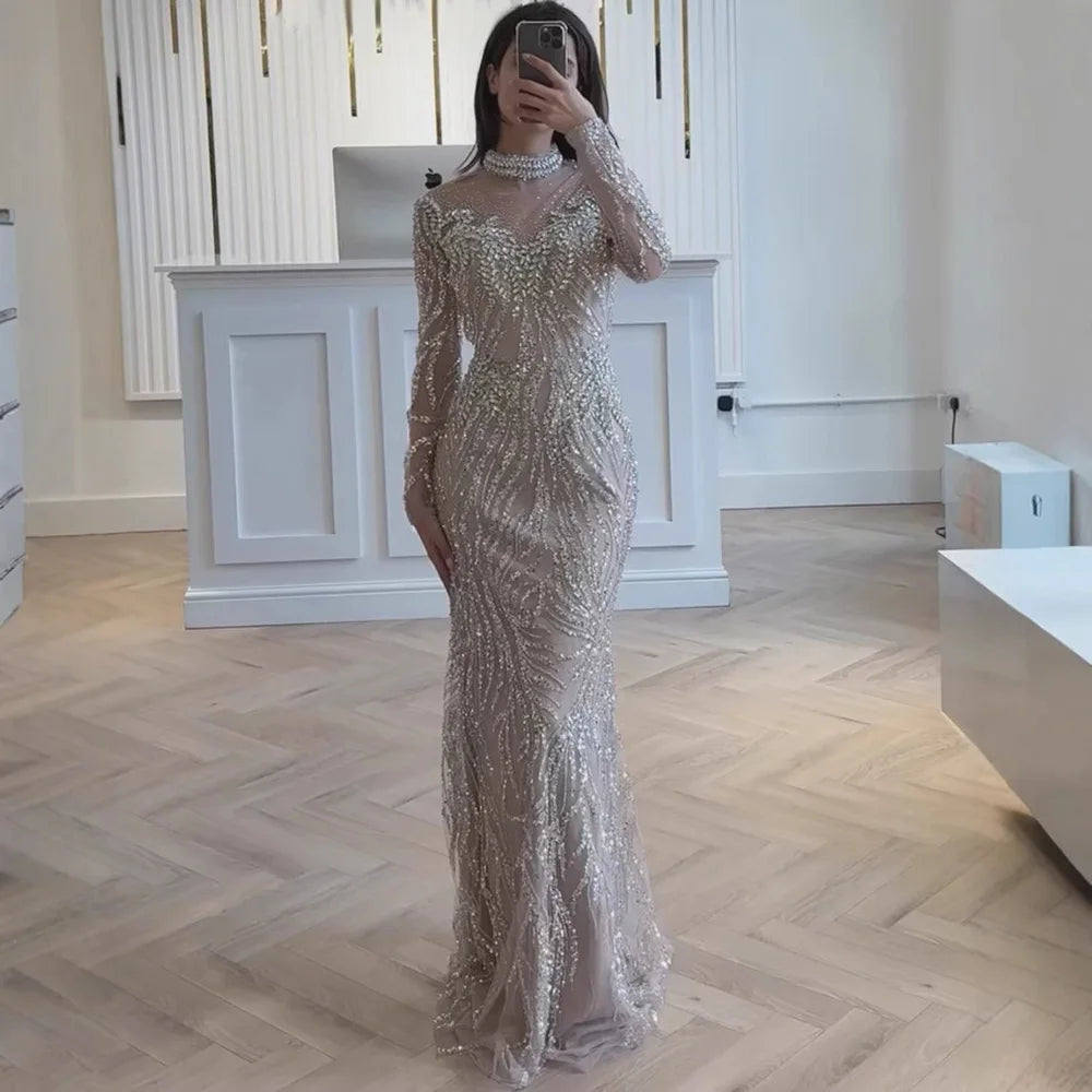 Luxury Silver Nude Beaded Mermaid Evening Dress LA73083 - SERENE HILL