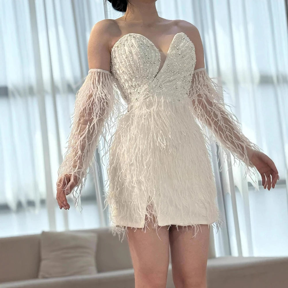 Luxury white short Beaded Mermaid Feather Cocktail Dress LA71770 - SERENE HILL