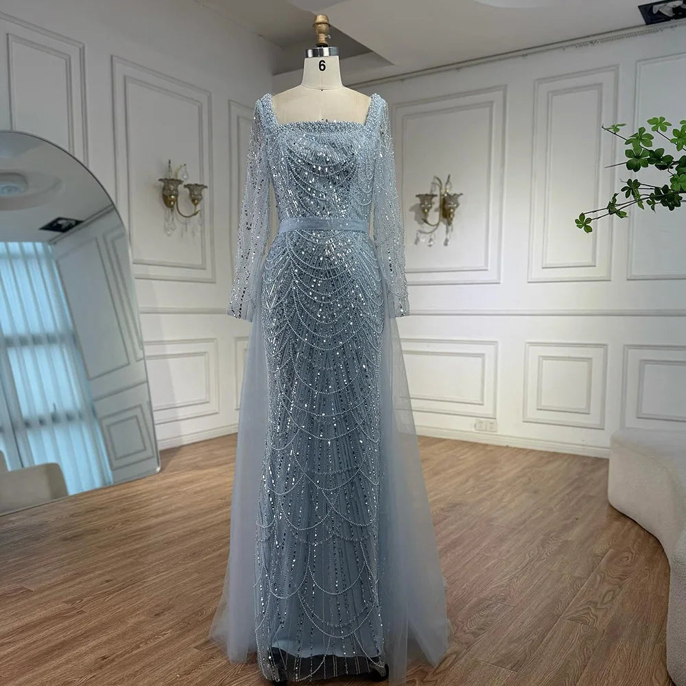 Blue Square Evening Dress With Long Sleeve Plus Size LA72032N - SERENE HILL