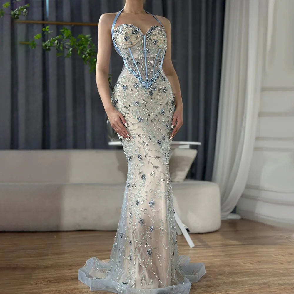 Serene Hill Dubai Blue Mermaid Luxury Beaded Spaghetti Strap Arabic Evening Dresses Gowns for Women Wedding Party 2025 LA72330 - SERENE HILL