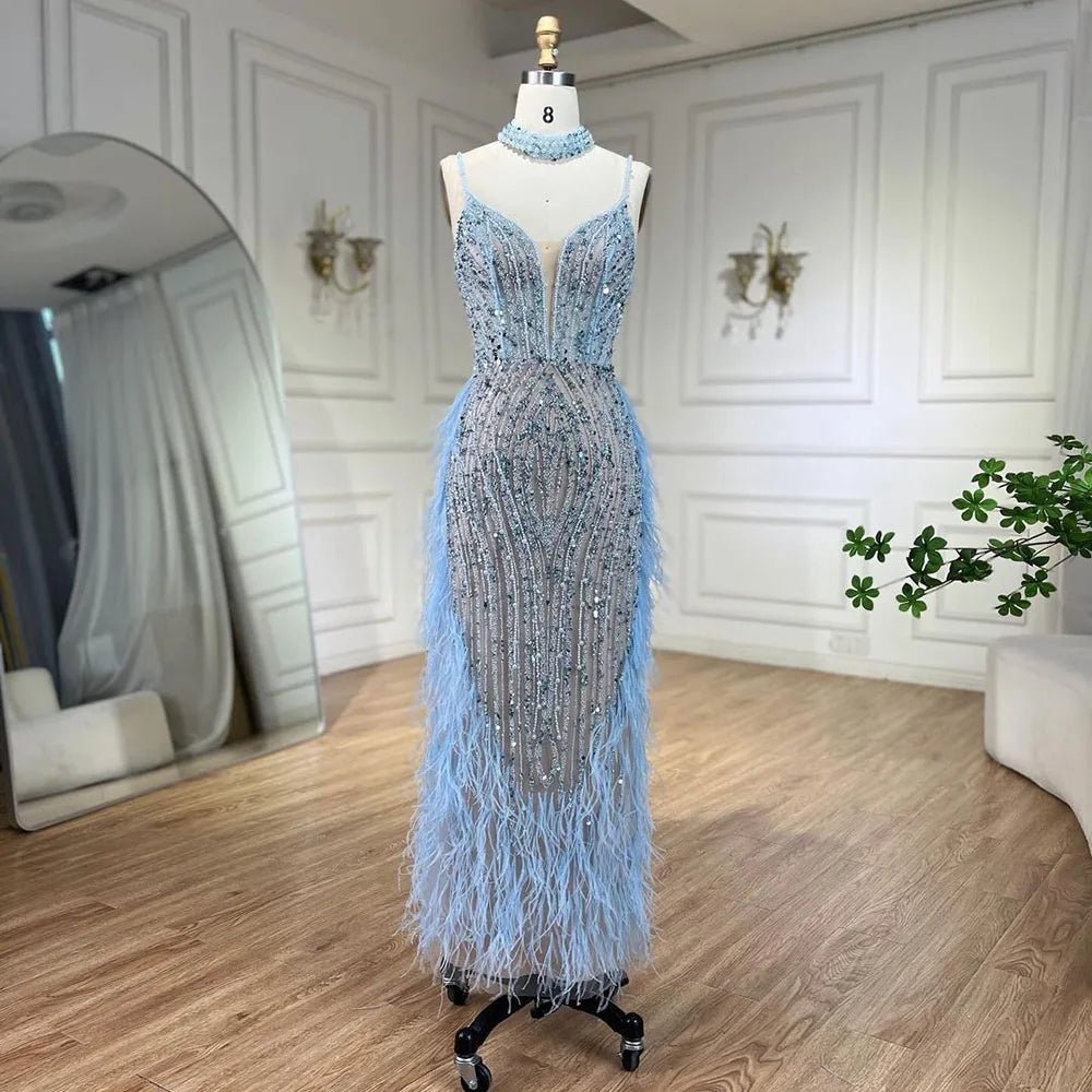 Luxury White Nude Mermaid Spaghetti Strap Beaded Feather Evening Dress LA72047 - SERENE HILL