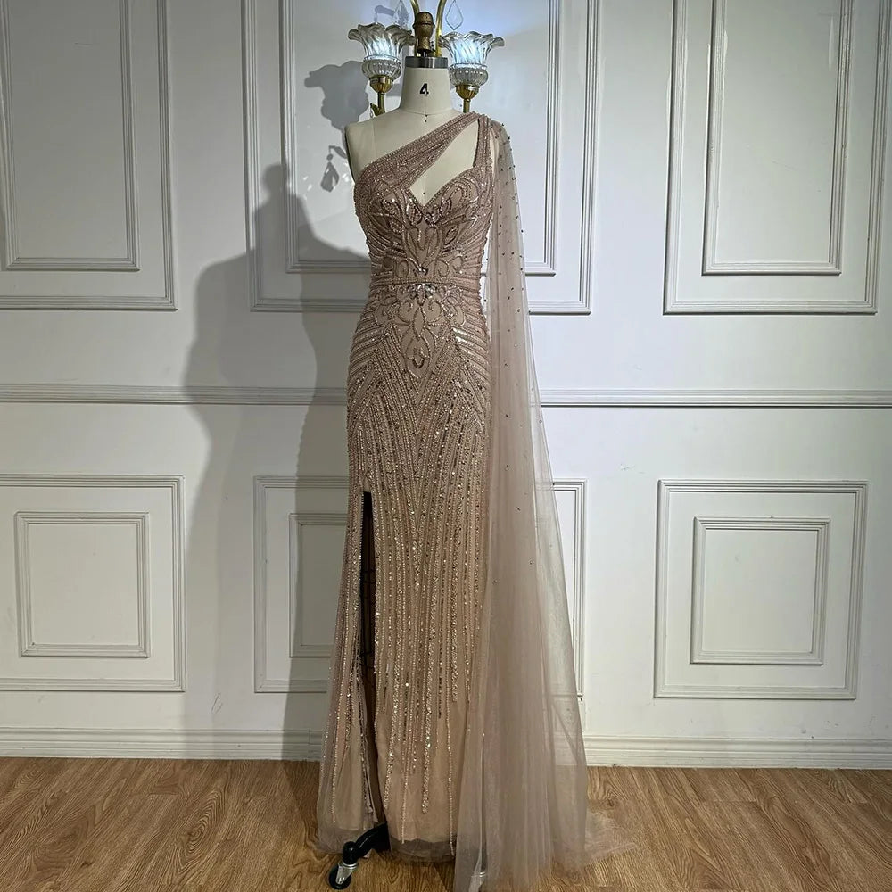 Luxury Caramel Beaded Mermaid Evening Dress with One Shoulder Cape LA73085 - SERENE HILL