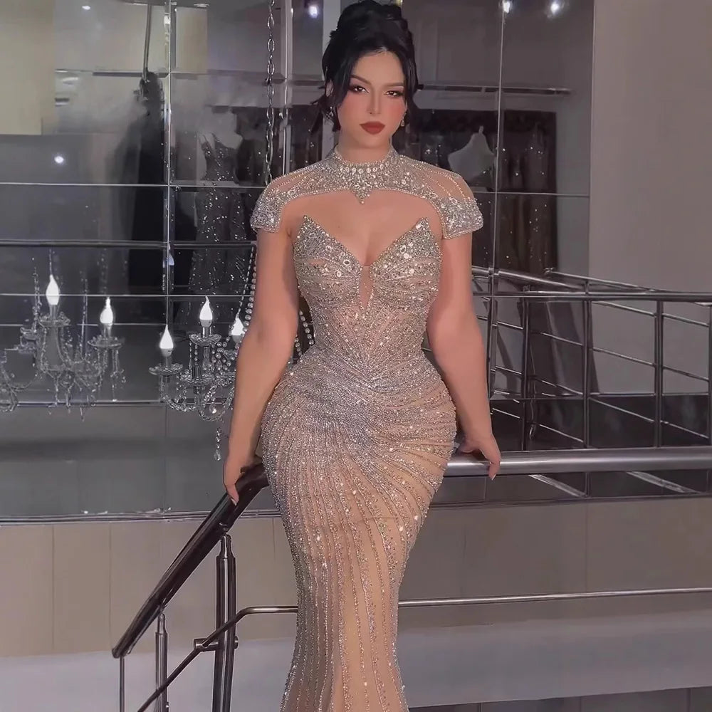 Nude Mermaid Evening Dress with Detachable Beaded High Neck LA73087 - SERENE HILL