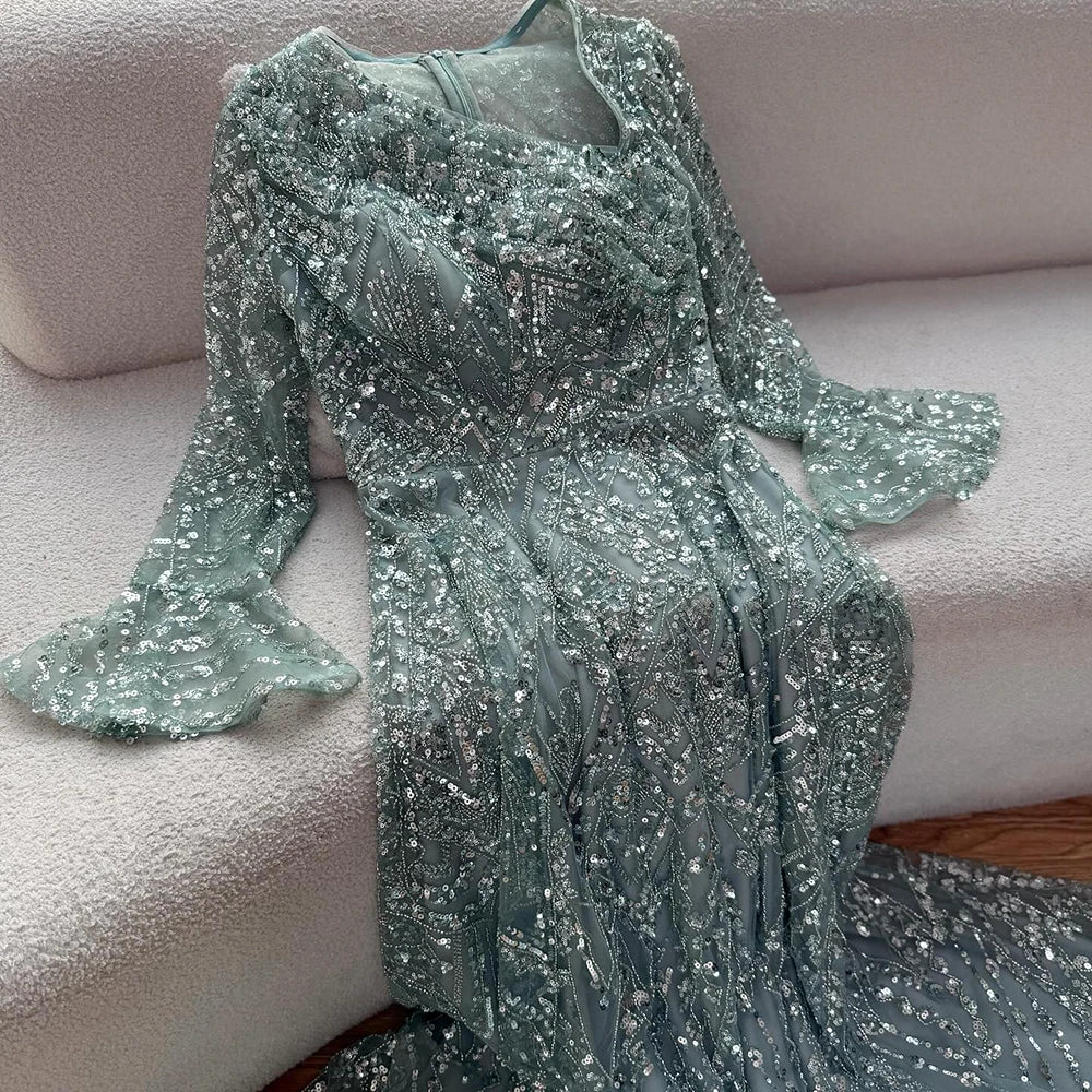 Luxury Turquoise Beaded A-Line Evening Dress with Puffy Sleeves LA73177 - SERENE HILL