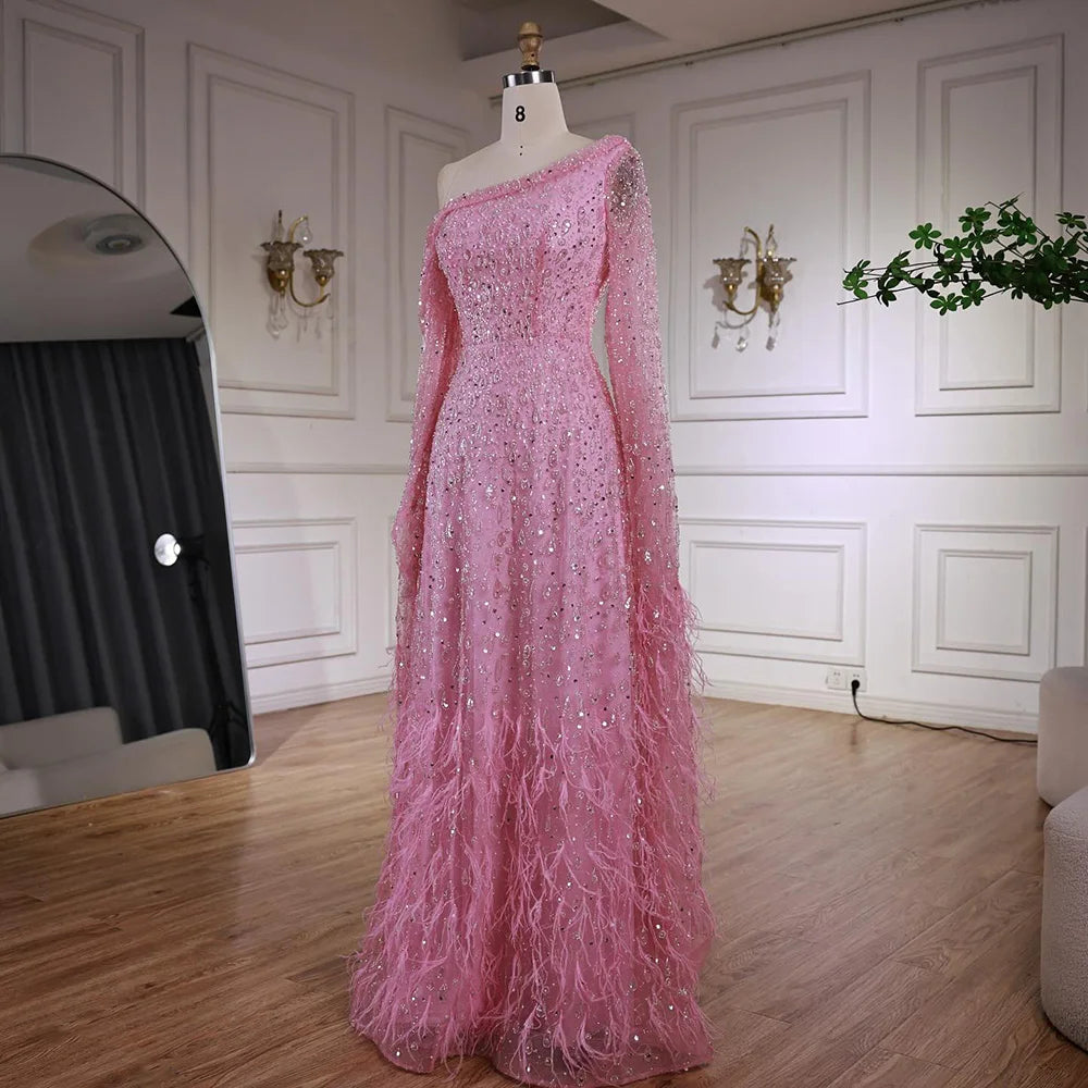 Luxury Feather One Shoulder Evening Dress with Cape Sleeves LA72763 - SERENE HILL