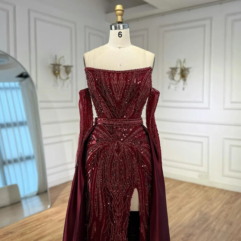 Luxury Wine Red Beaded Evening Dress Gown with Gloves and Overskirt LA72935 - SERENE HILL