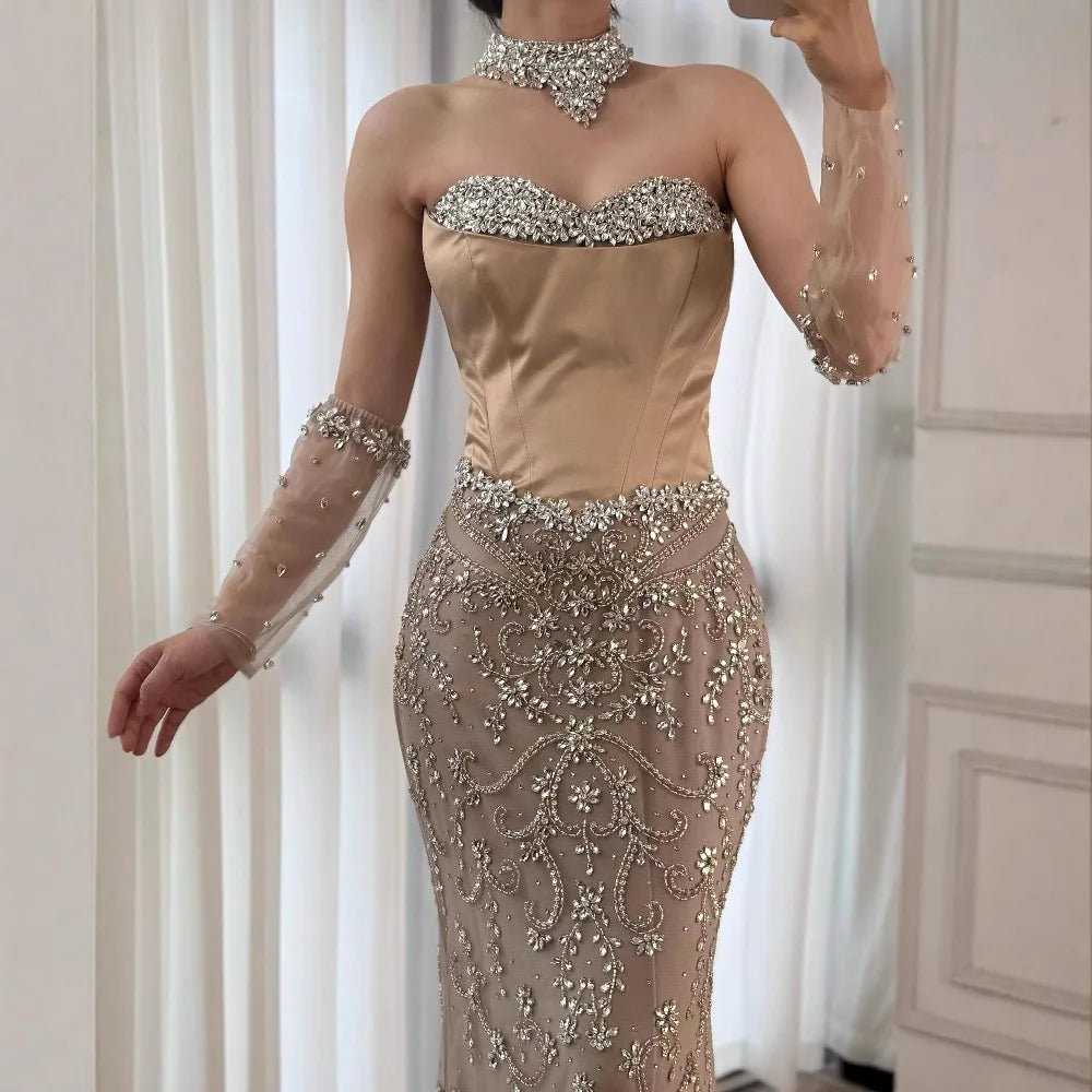 Luxury Deigner Caramel Beaded Evening Dress with Gloves Serene Hill LA72929A - SERENE HILL