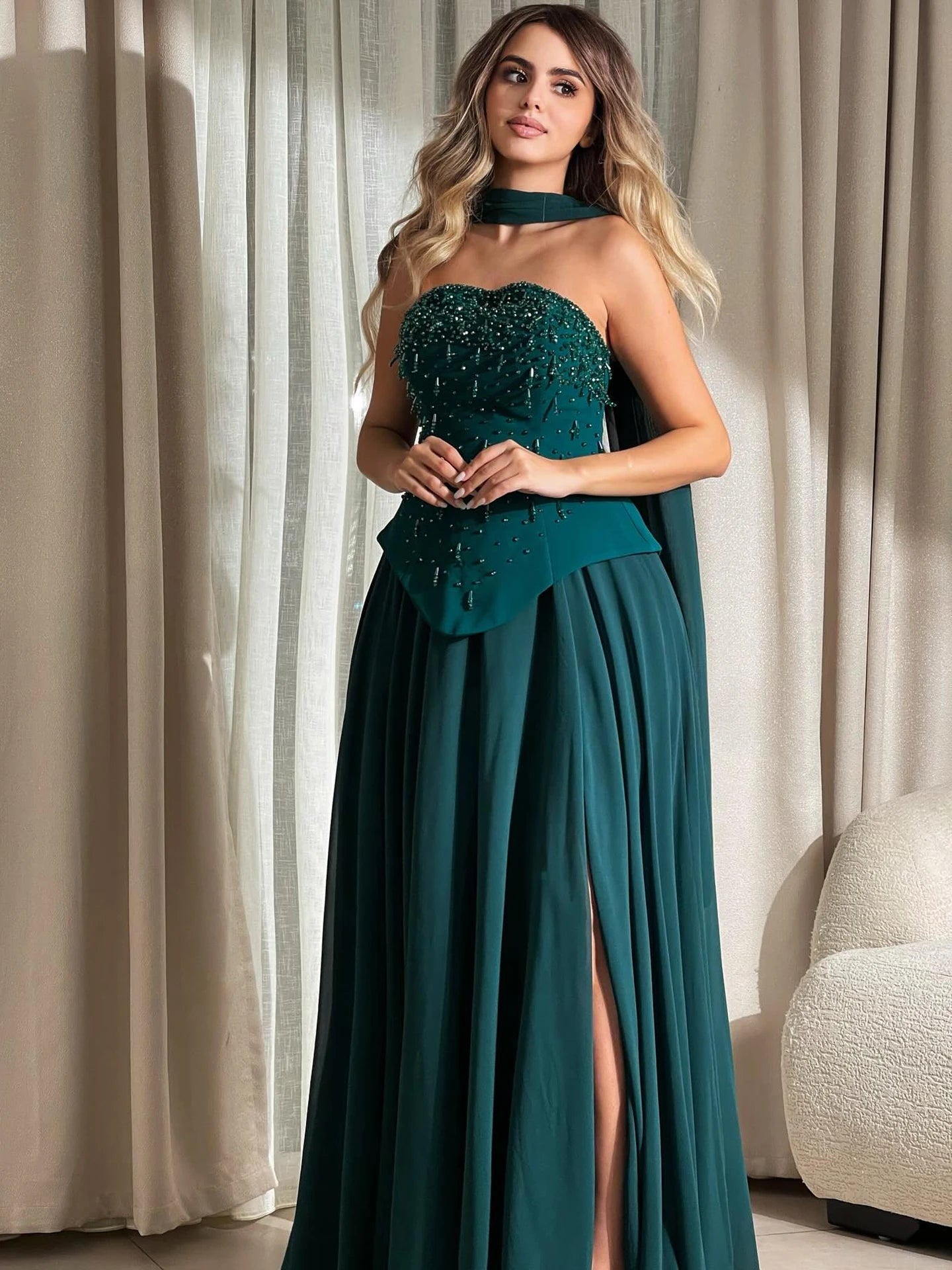 Luxury Green Beaded Corset Evening Dress with Cape LA73367 - SERENE HILL