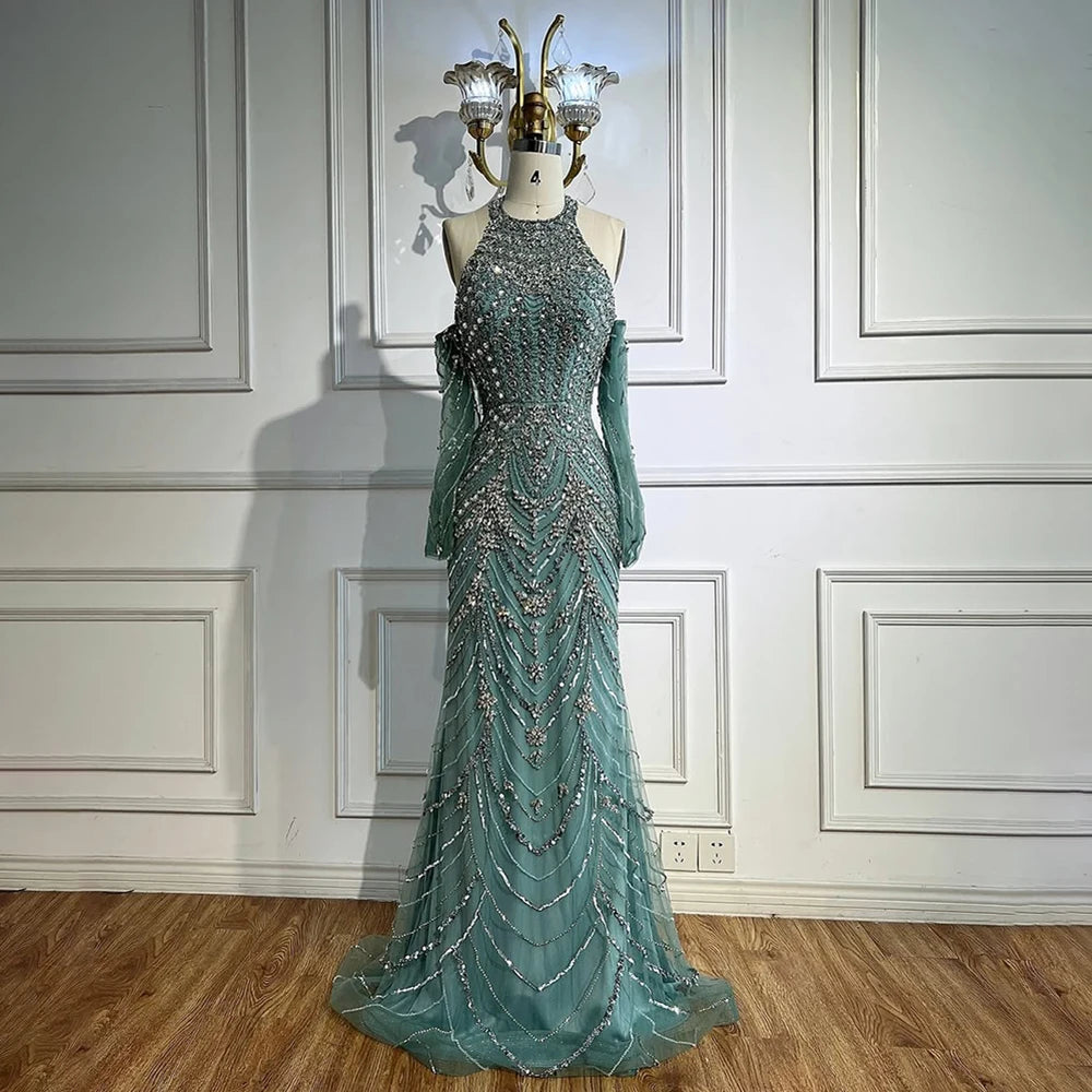 Luxury Turquoise Halter Mermaid Evening Dress LA72980