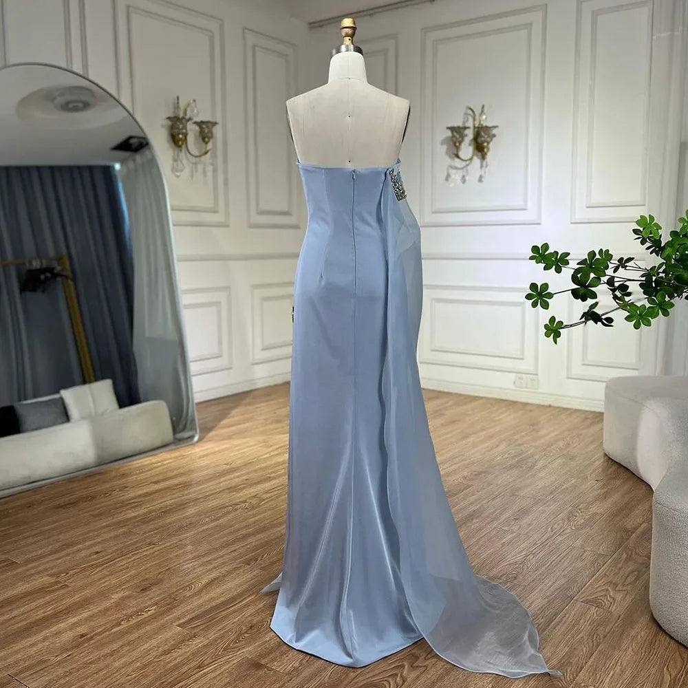 SERENE HILL Blue Satin Mermaid One Shoulder Elegant Cape Sleeve Beaded Evening Dress Women&