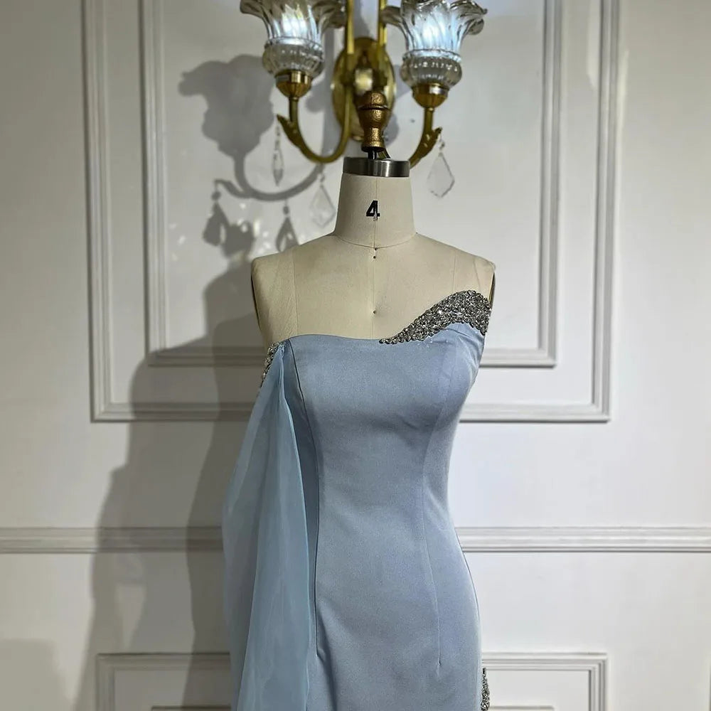SERENE HILL Blue Satin Mermaid One Shoulder Elegant Cape Sleeve Beaded Evening Dress Women&