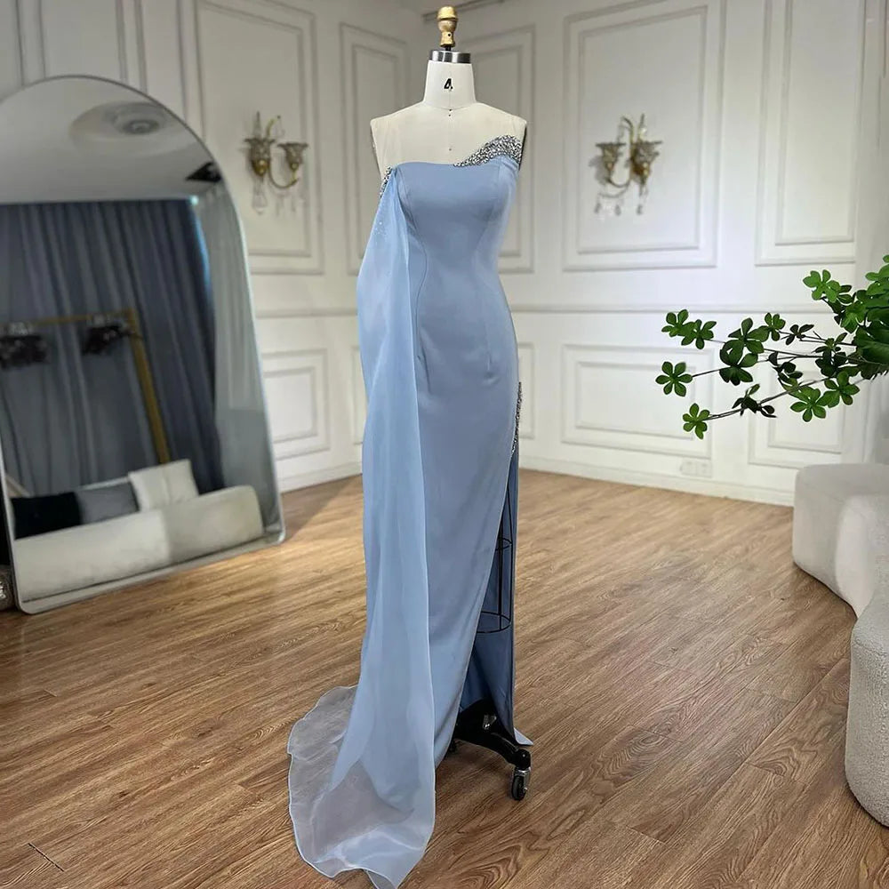 SERENE HILL Blue Satin Mermaid One Shoulder Elegant Cape Sleeve Beaded Evening Dress Women&