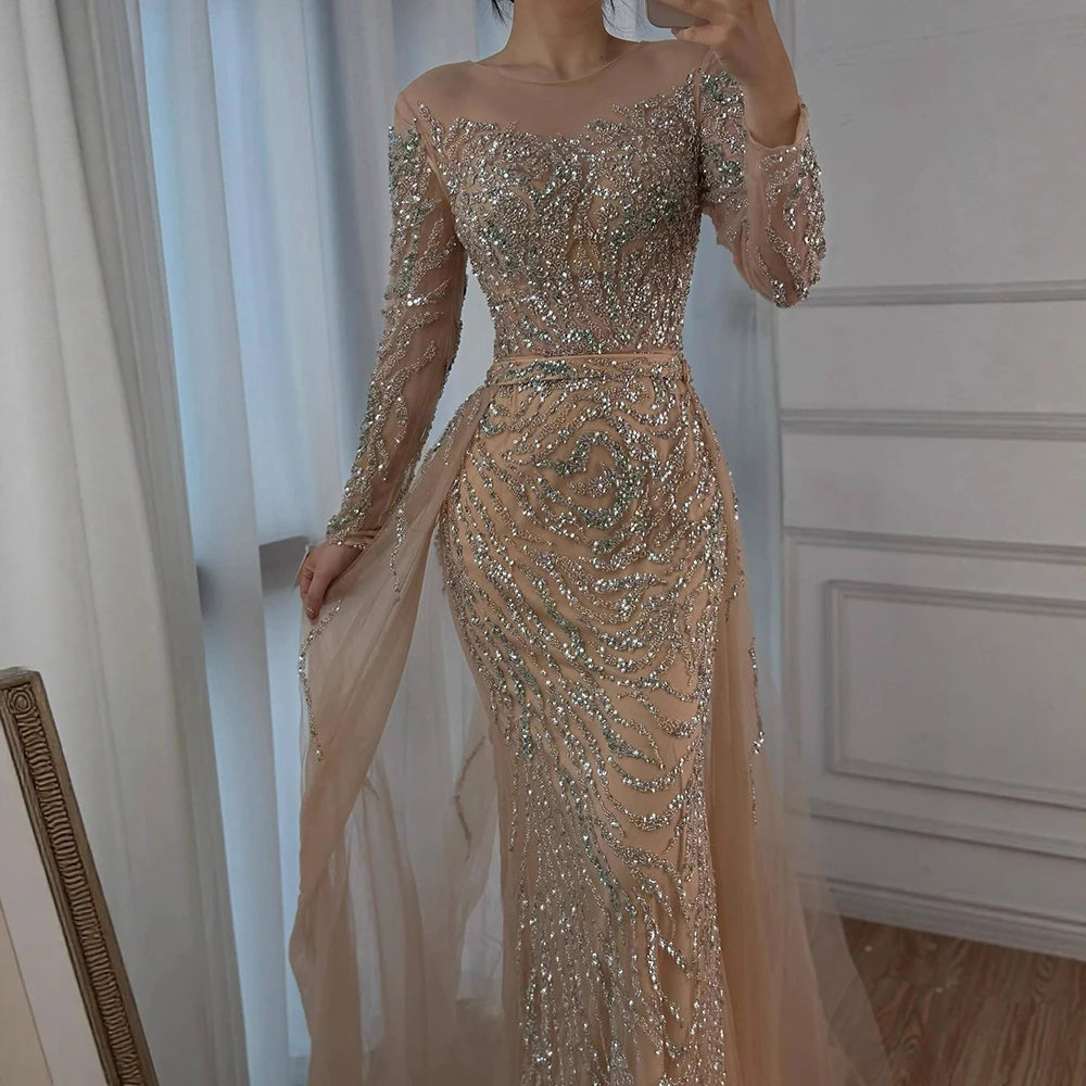 Muslim Nude Mermaid Evening Dress with Overskirt Split Beaded LA71995 - SERENE HILL