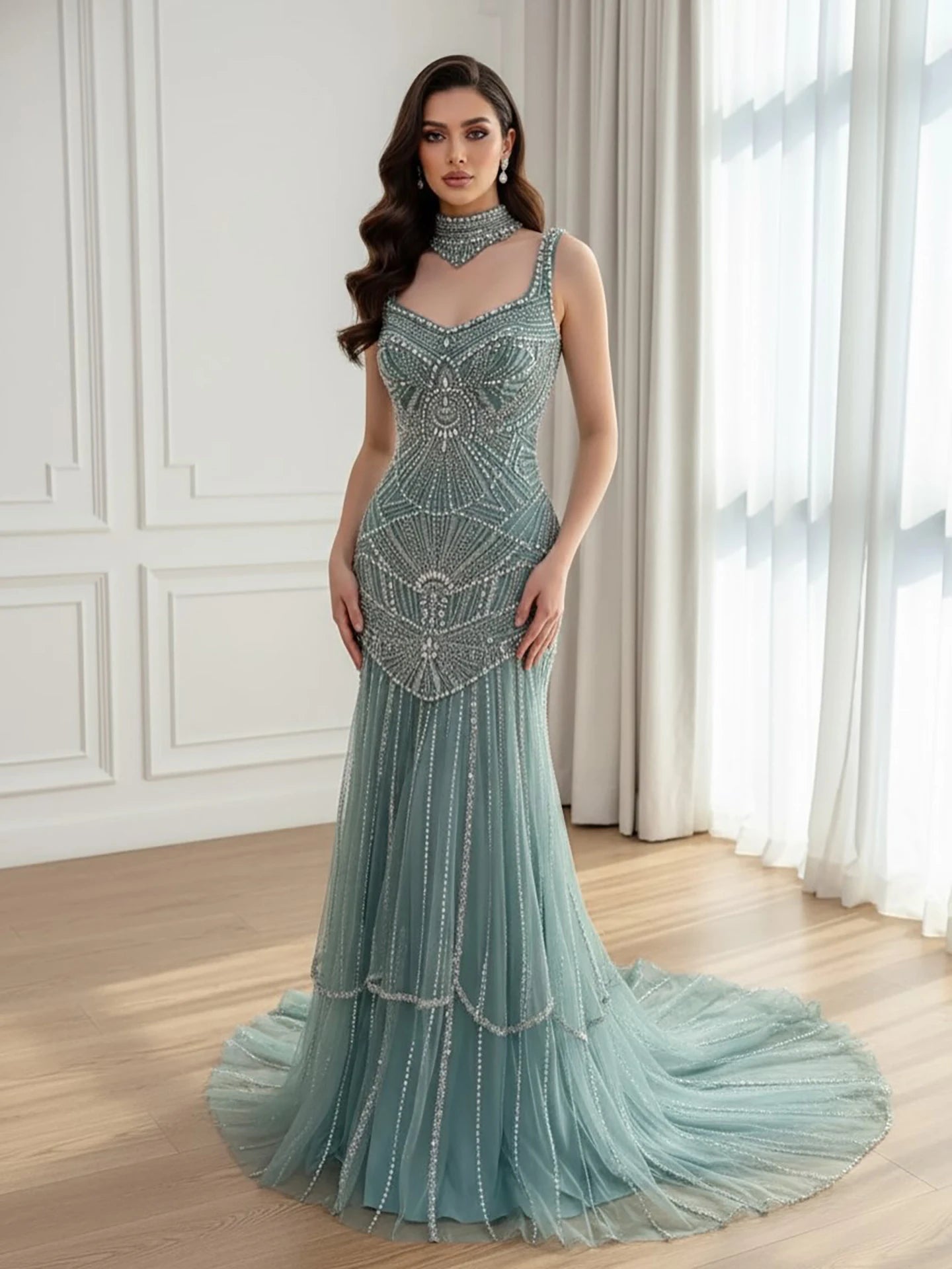 Luxury Turquoise Arabic Mermaid Beaded Evening Dress LA73189B - SERENE HILL
