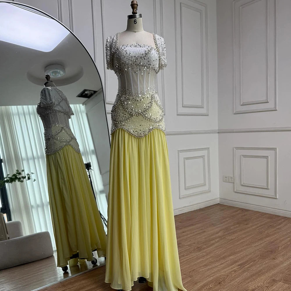 Luxury Yellow Pearls A-Line Evening Dress with Flowing Coat LA72978 - SERENE HILL
