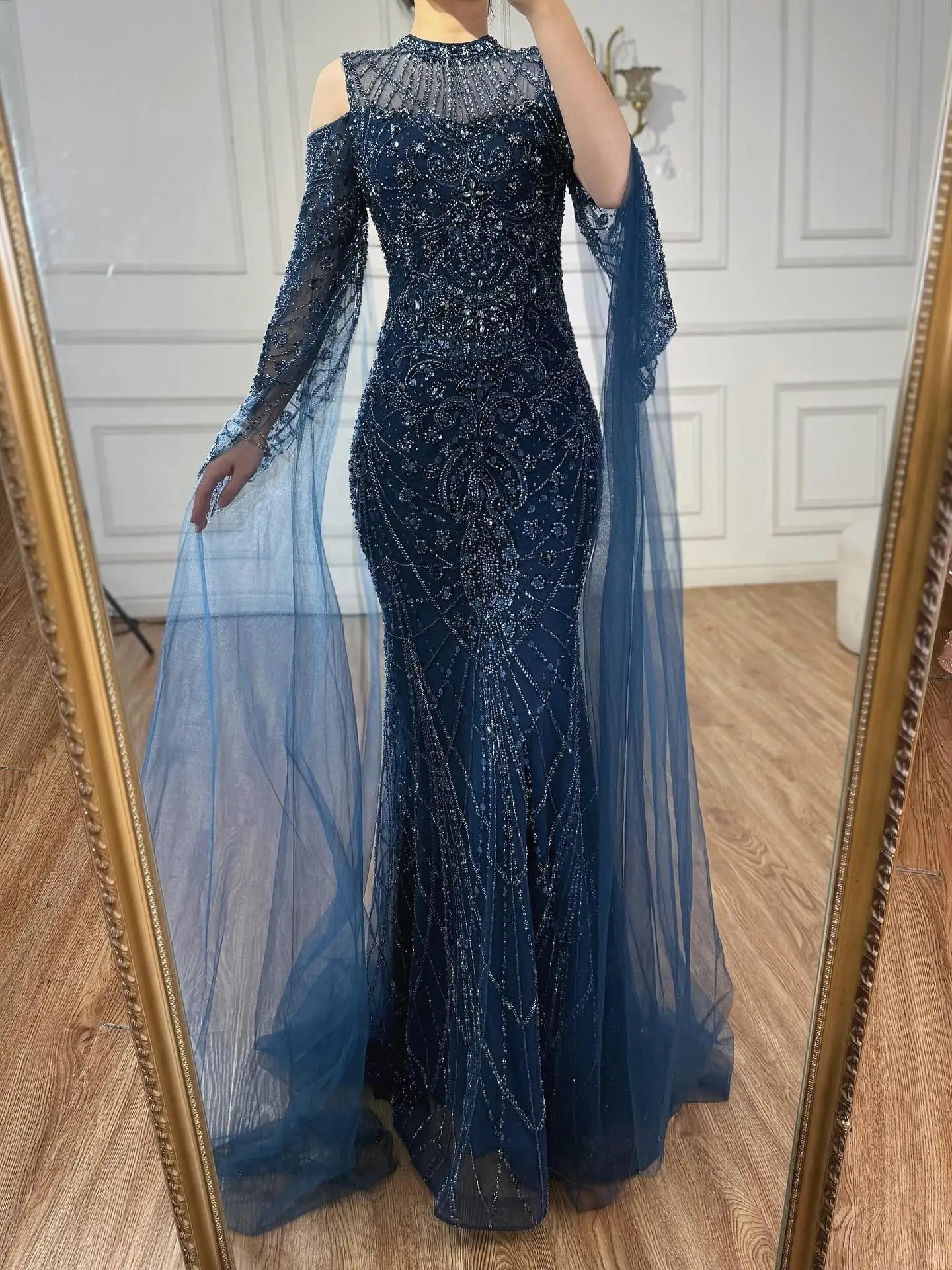 Luxury Dubai Navy Blue Beaded Lace Evening Dress with Cape Sleeves LA73323 - SERENE HILL