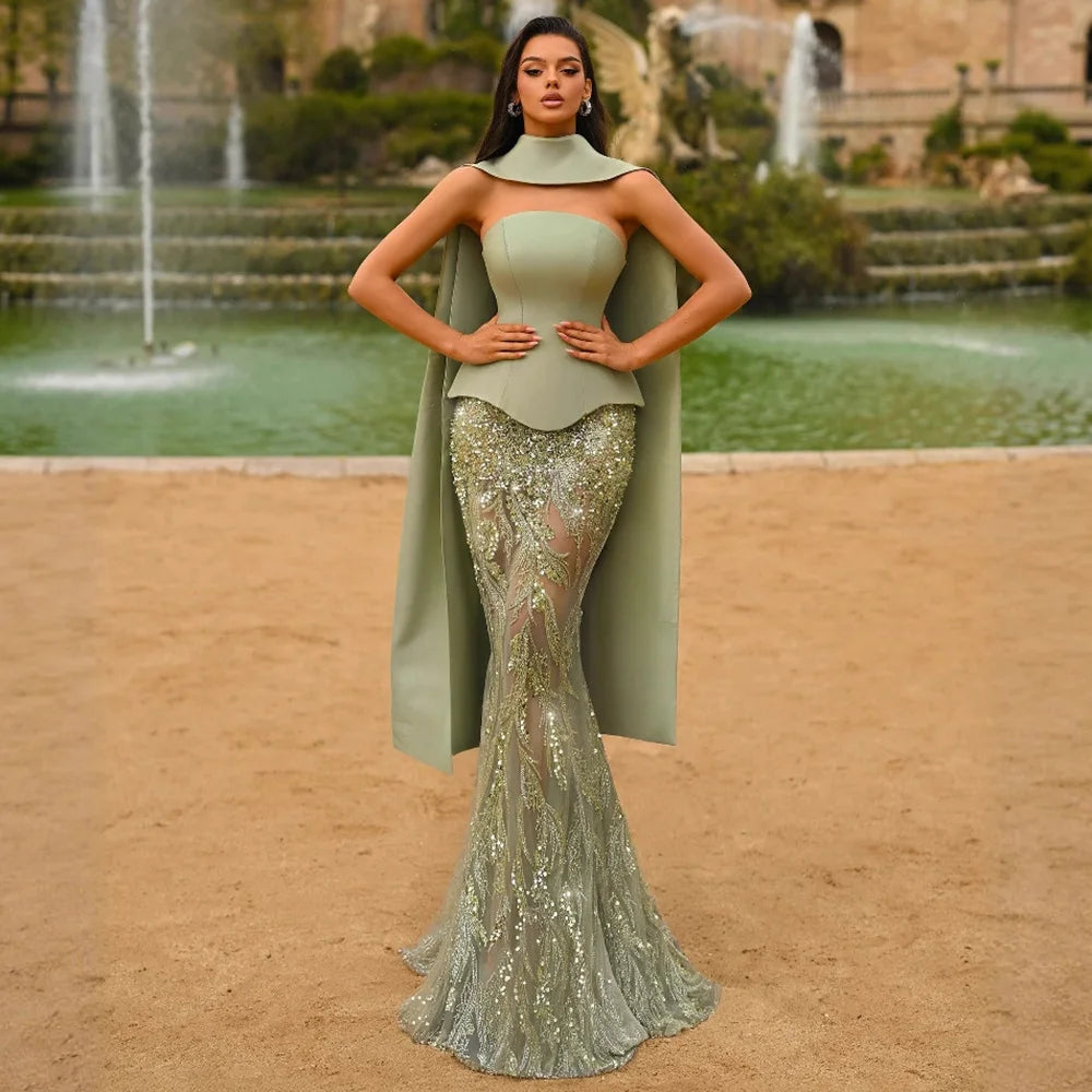 Luxury Sage Green Beaded Mermaid Evening Dress with Cape Collar LA73110 - SERENE HILL
