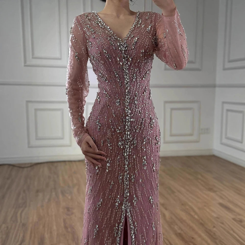 Luxury Turquoise Crystal Beaded Evening Dress Elegant Slit Gown LA73179 - SERENE HILL