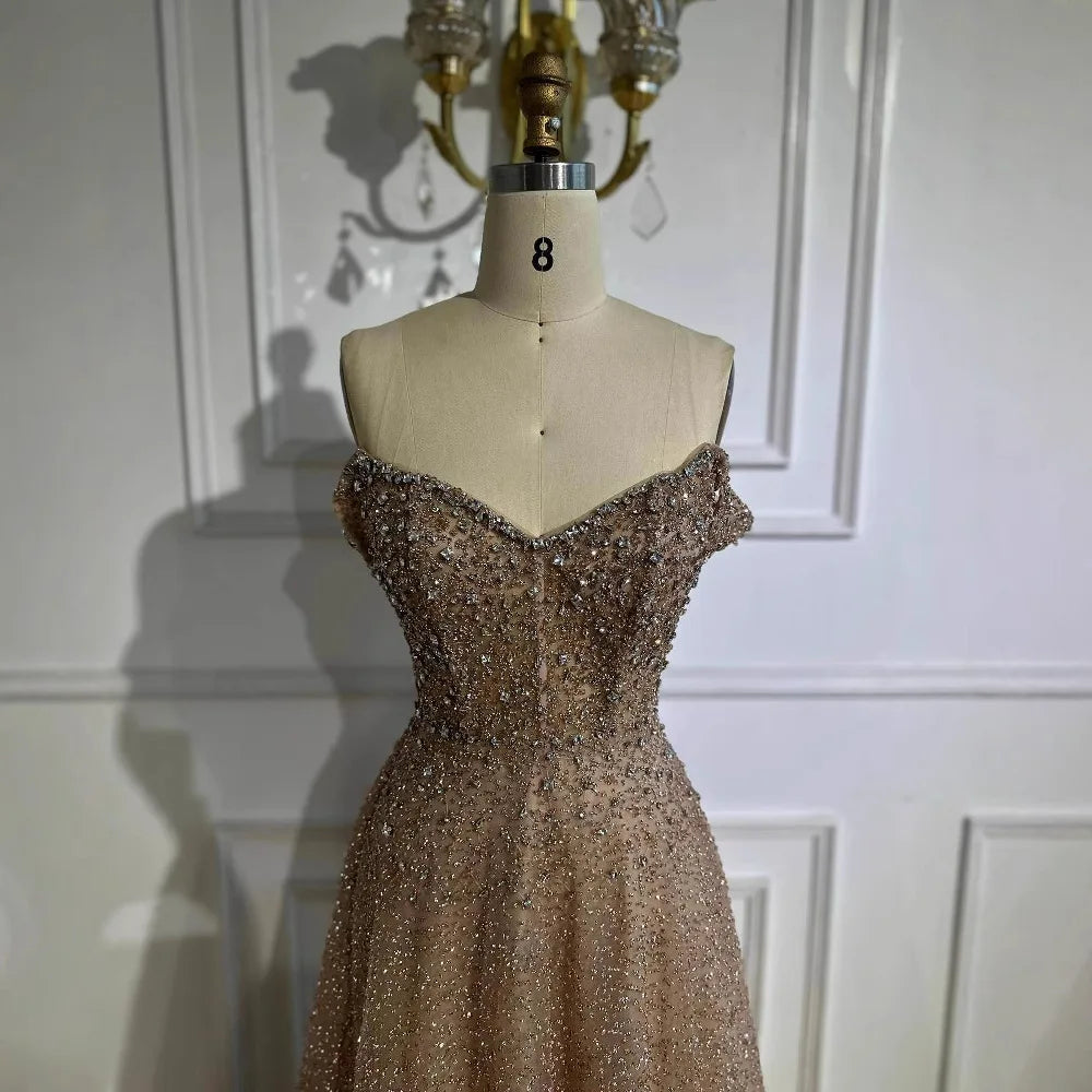 Caramel Off Shoulder A-Line Arabic Evening Dress LA72147B - SERENE HILL