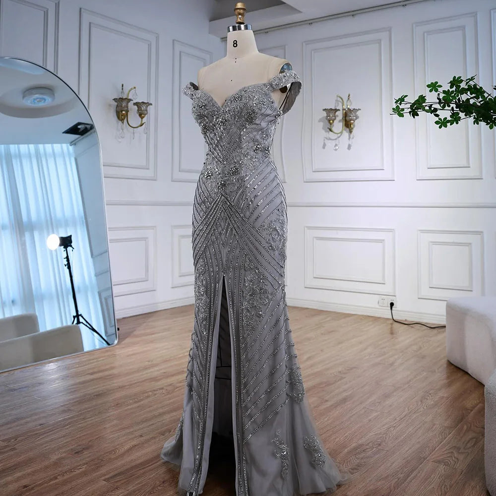 Luxury Silver Gray Off Shoulder Mermaid Evening Dress LA73018 - SERENE HILL