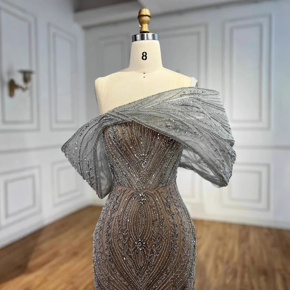 Luxury Silver Nude Off Shoulder Mermaid Evening Dress LA72878 - SERENE HILL