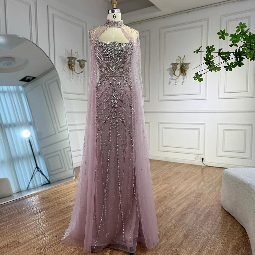 Luxury Dubai Nude Mermaid Evening Dress with Cape Sleeves LA73195 - SERENE HILL