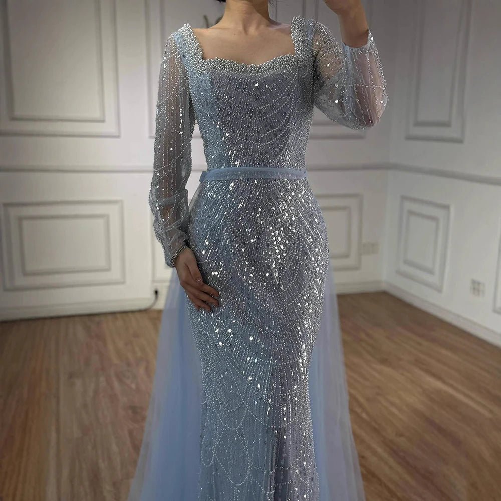 Blue Square Evening Dress With Long Sleeve Plus Size LA72032N - SERENE HILL