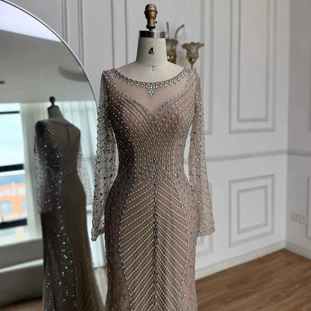 Luxury Arabic Silver Nude Beaded Mermaid Long Sleeve Evening Dress LA73132 - SERENE HILL