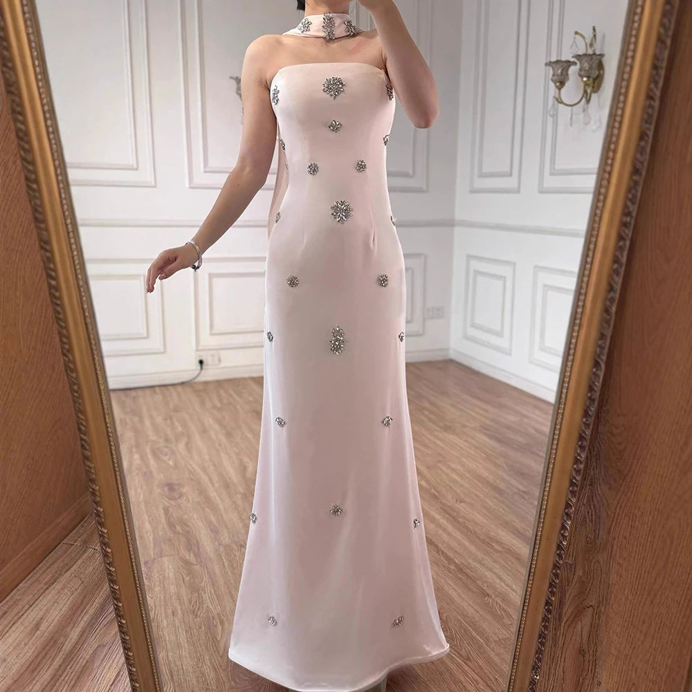 Luxury Pink Arabic Mermaid Crystal Evening Dress with Cape LA73100 - SERENE HILL
