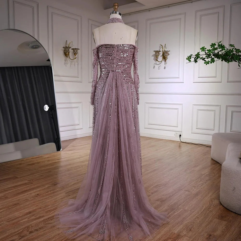 Luxury Caramel Off Shoulder Beaded Mermaid Evening Dress Long Sleeves LA73053 - SERENE HILL